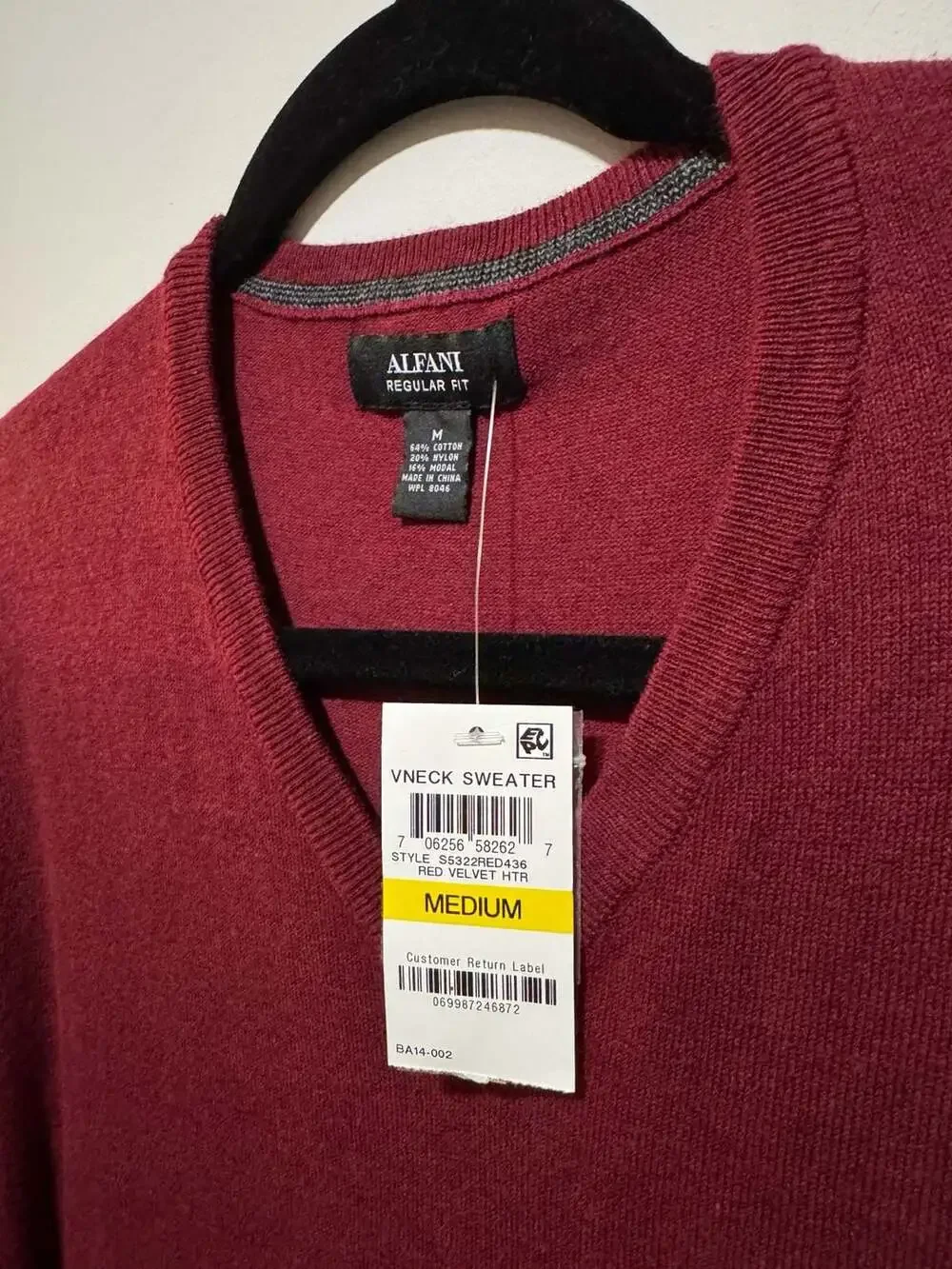 Alfani Mens Regular Fit V-Neck Sweater Red Velvet Htr Medium